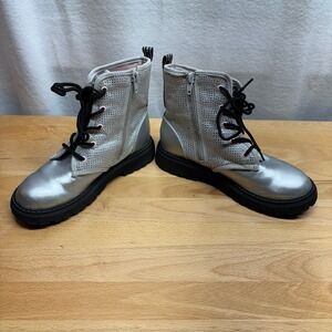 DKNY Ava Stone Moto Boots Kids Size 3 Silver Rhinestone Studded Zip Up‎ Lug Sole